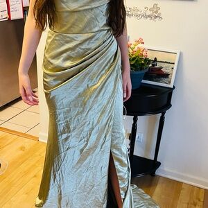 Silver-Green Asymmetrical Ruched Maxi Dress